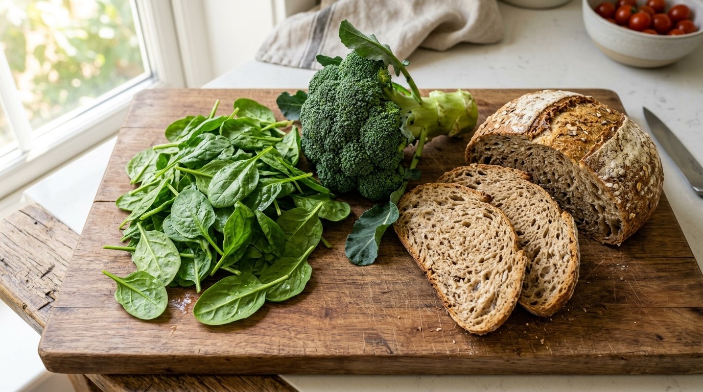 Fresh spinach, broccoli and whole grains on a wooden cutting board