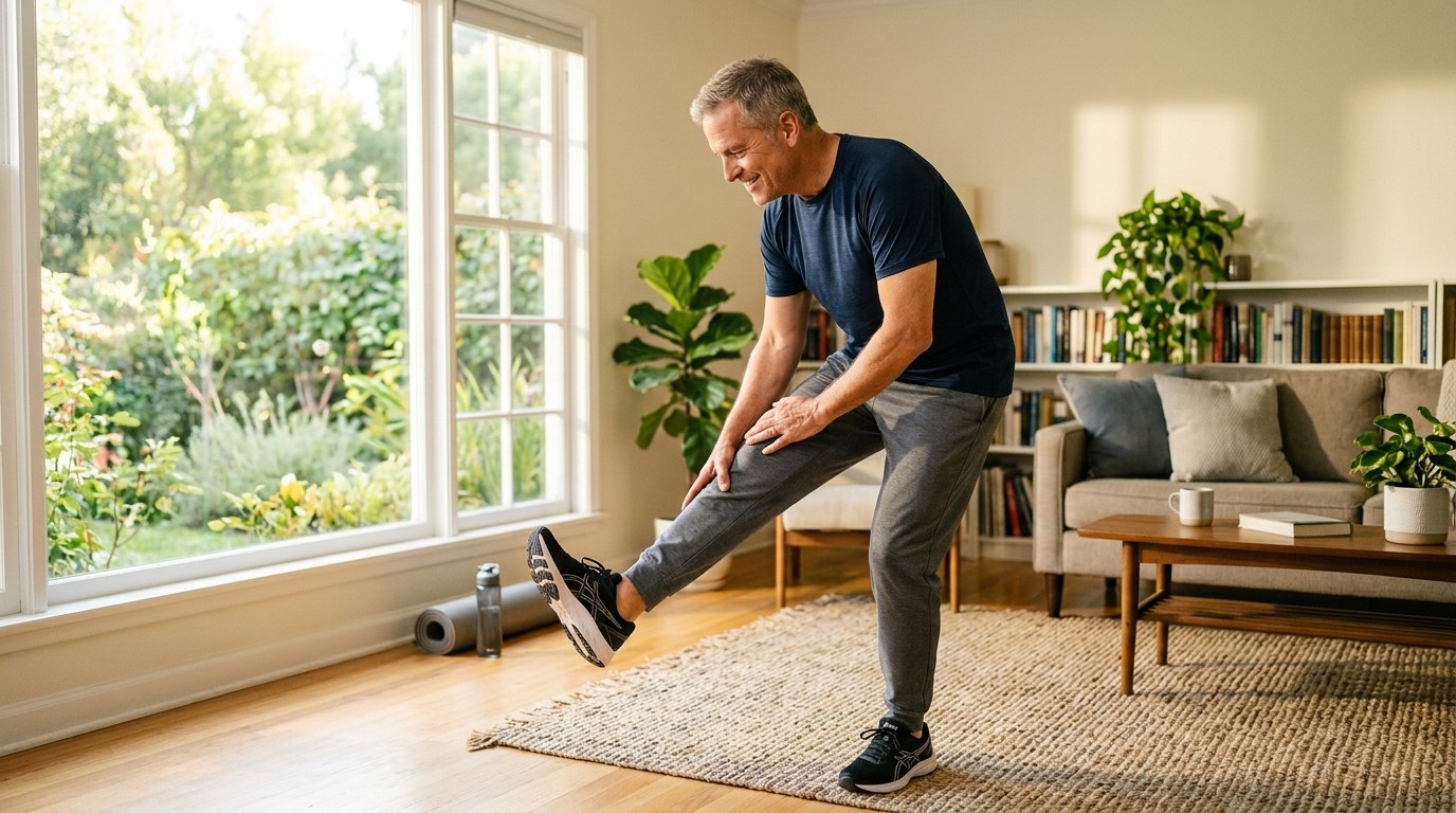Man in his 60s doing light stretching exercises in a bright living room