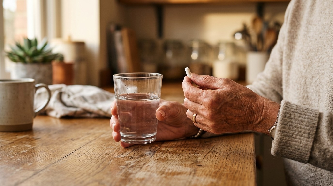 Older adult taking a supplement with a glass of water