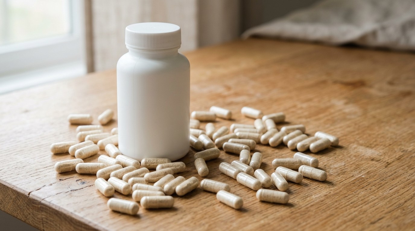 Supplement capsules on a wooden surface, clean minimal photography